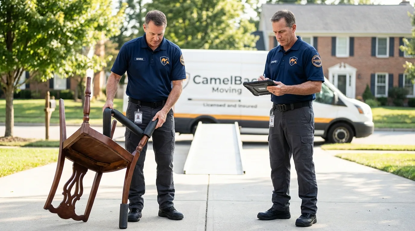 Movers inspecting furniture for damage prevention before loading in Prospect, OH