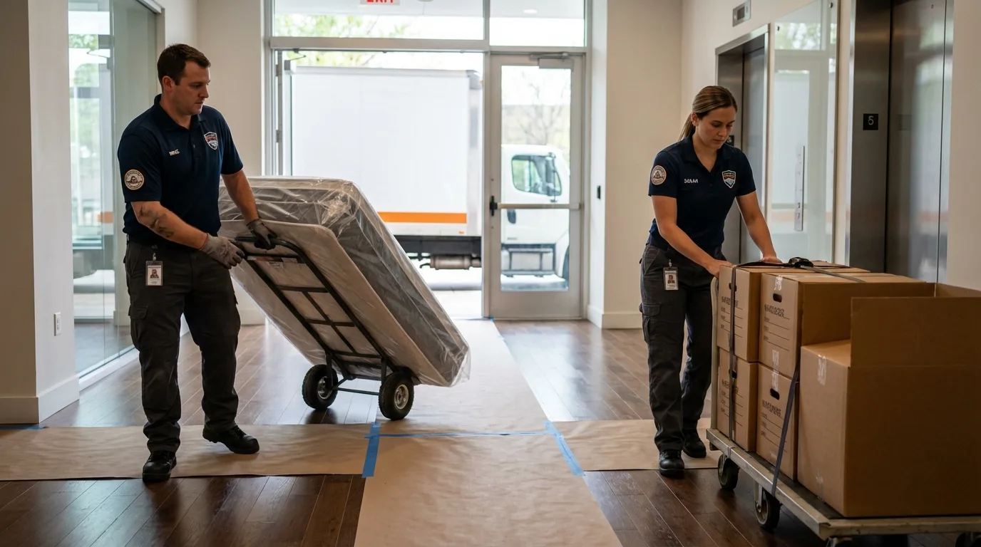 Professional apartment movers loading elevator in Prospect, OH